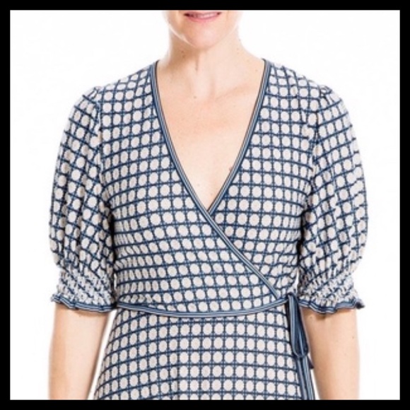 MAX STUDIO Smocked Sleeve Wrap Dress Color: Navy Blue Deco Poppy - Picture 3 of 7